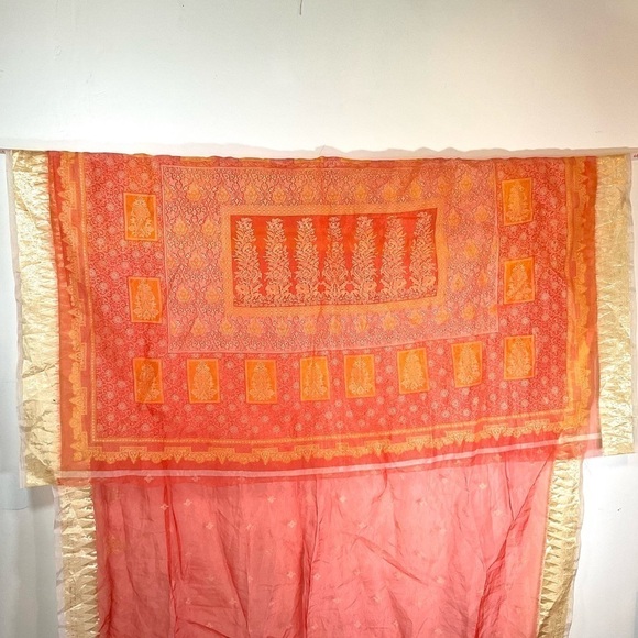 Orange Sheer Saree Fabric With Embroidered Gold Trim - Picture 5 of 8